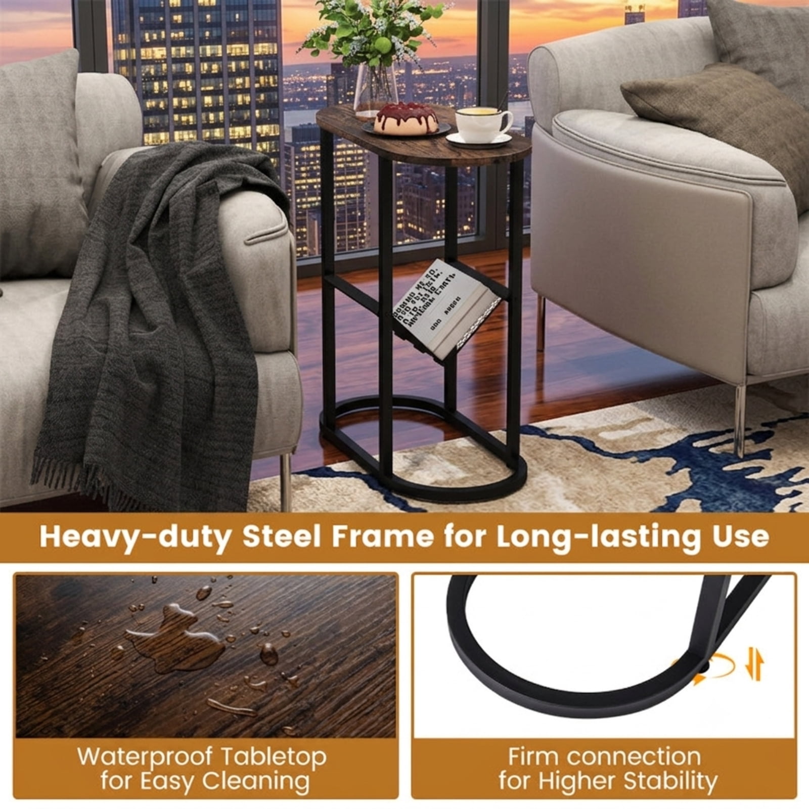 Furnibear Narrow Oval End Table with Mesh Storage Shelf and Steel Frame for Small Spaces Bedside and Sofa Living Room, Rustic Brown
