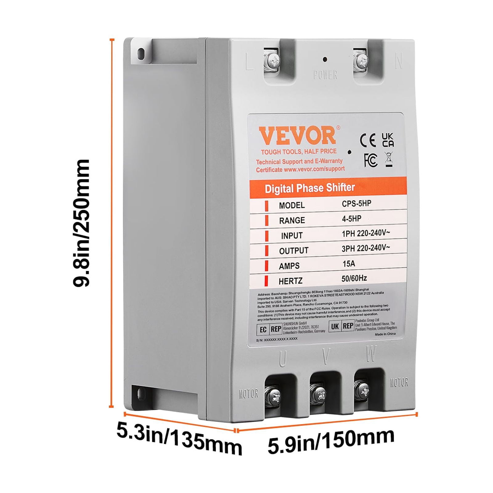 VEVOR 3 Phase Converter - 5HP 15A 220V Single Phase to 3 Phase Converter, Digital Phase Shifter for Residential and Light Commercial Use, 220V-240V Input/Output (One Converter for One Motor Only)