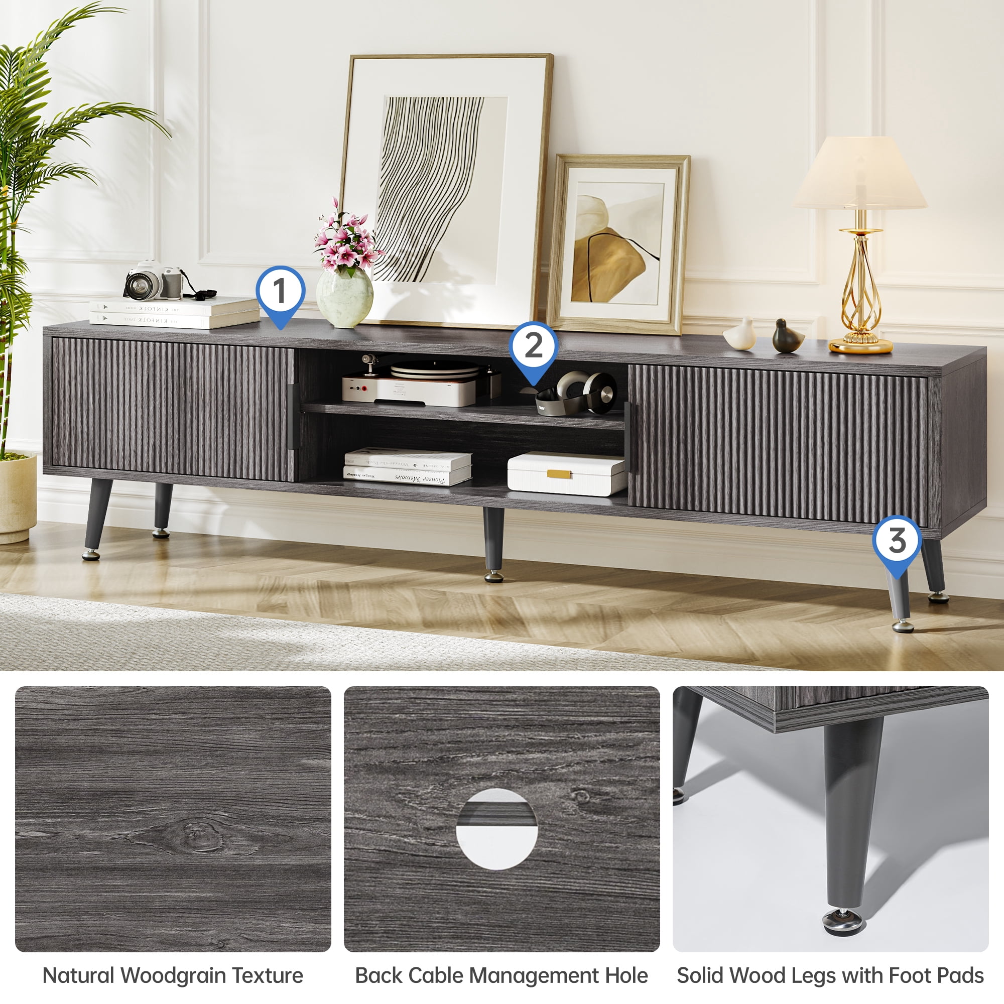 TV Stand for Living Room, Mid Century Modern Entertainment Center for 55/60/65/70 inch TVs, TV Console with Fluted Door Cabinets and Open Shelves, for Bedroom, Living Room, Gray