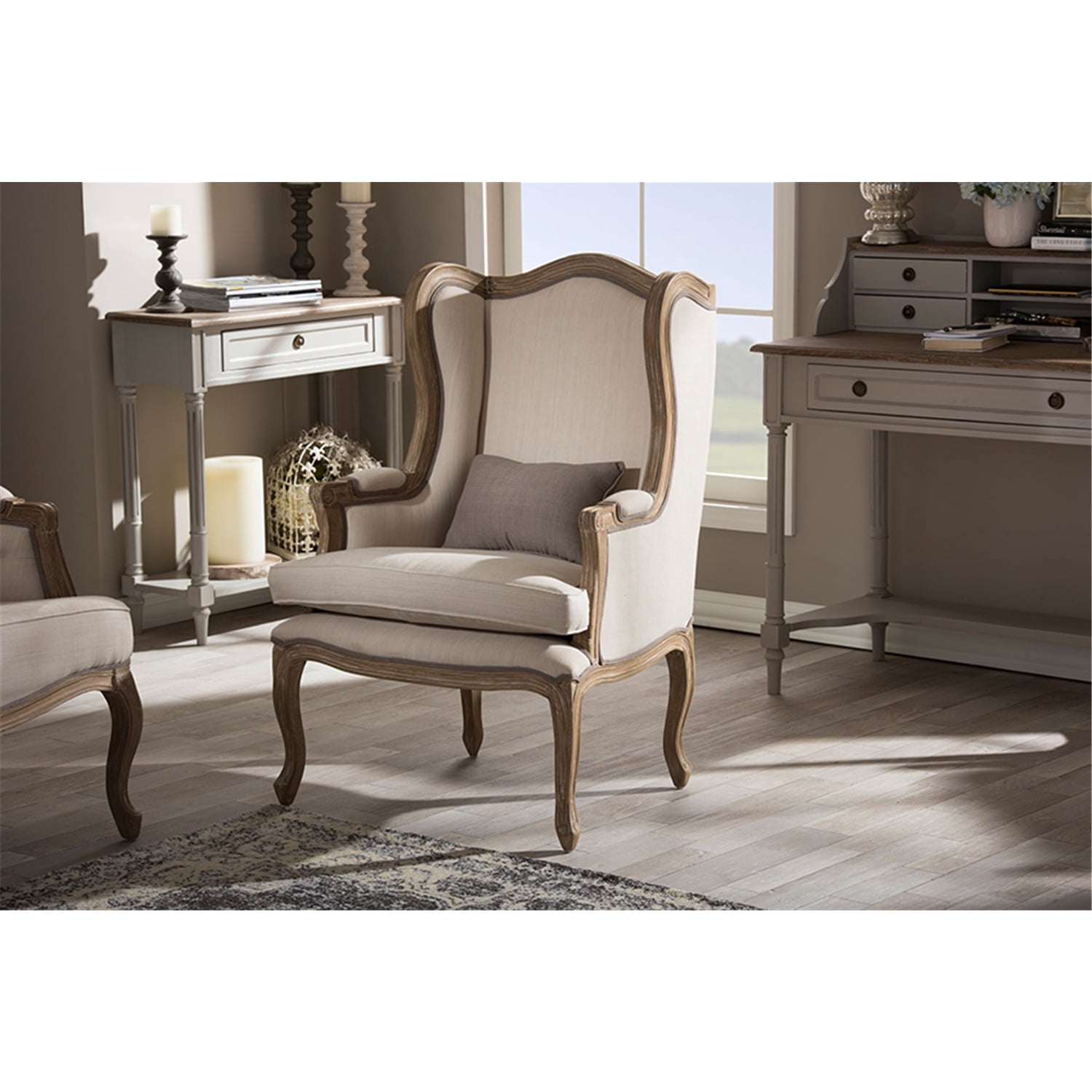 Baxton Studio Oreille French Provincial Style White Wash Distressed Two-tone Beige Upholstered Armchair