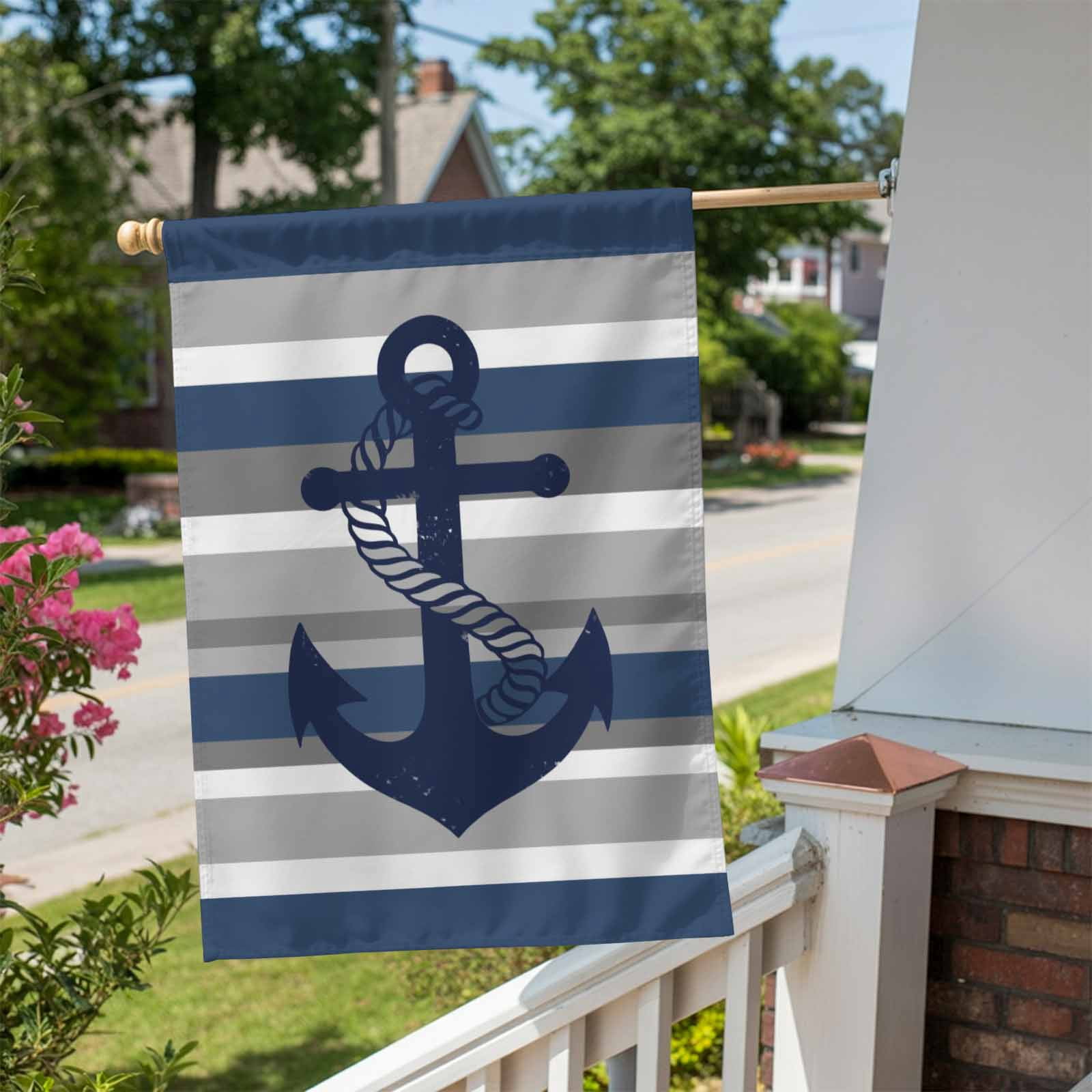 Nautical Anchor House Flag 28 x 40 Inches, Navy Blue Grey Stripe Modern Simplistic Striped Weather Proof Outdoor Patio Flags Double Sided Small House Decoration for Yard Lawn Outside Home
