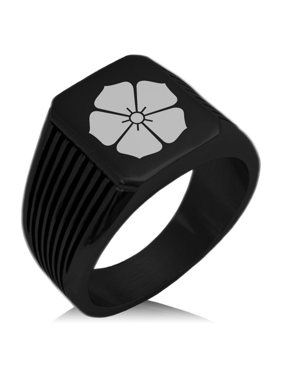 Stainless Steel Akechi Samurai Crest Needle Stripe Pattern Biker Style Polished Ring