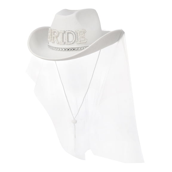 Bride Cowgirl Hat with Veil, Adult, White, 1 piece by Trimmings