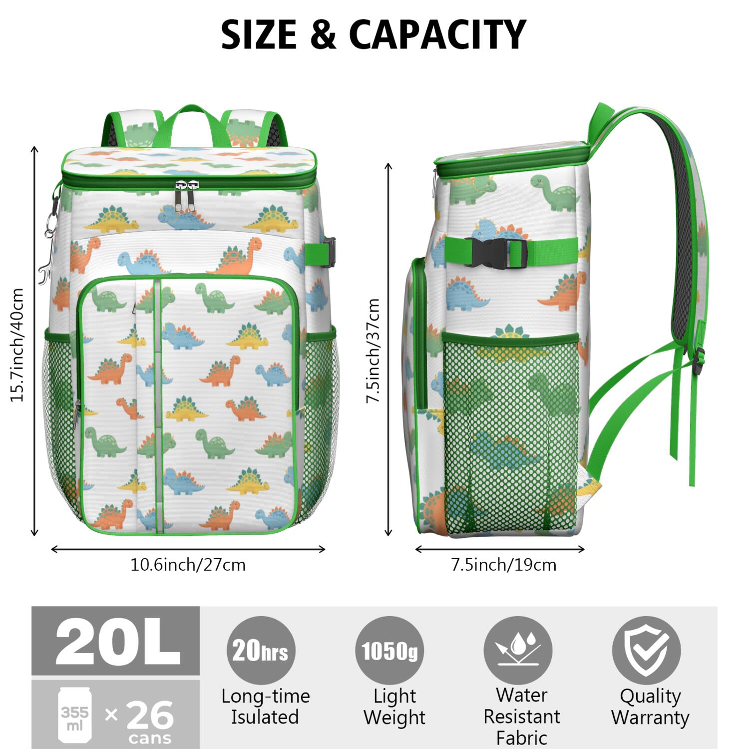 Travel Cooler Bag - White Cartoon Dinosaurs Pattern Camping Beer Cooler Backpack with Bottle Opener- Waterproof Insulated Picnic Backpacks - Cooler Bag for Beach