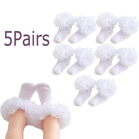 

5Pairs Newborn Toddler Kids Socks Baby Girl Ruffle Socks Frilly Cotton Ankle Socks For Girls Princess Lace Socks White-S (2-4 years old)