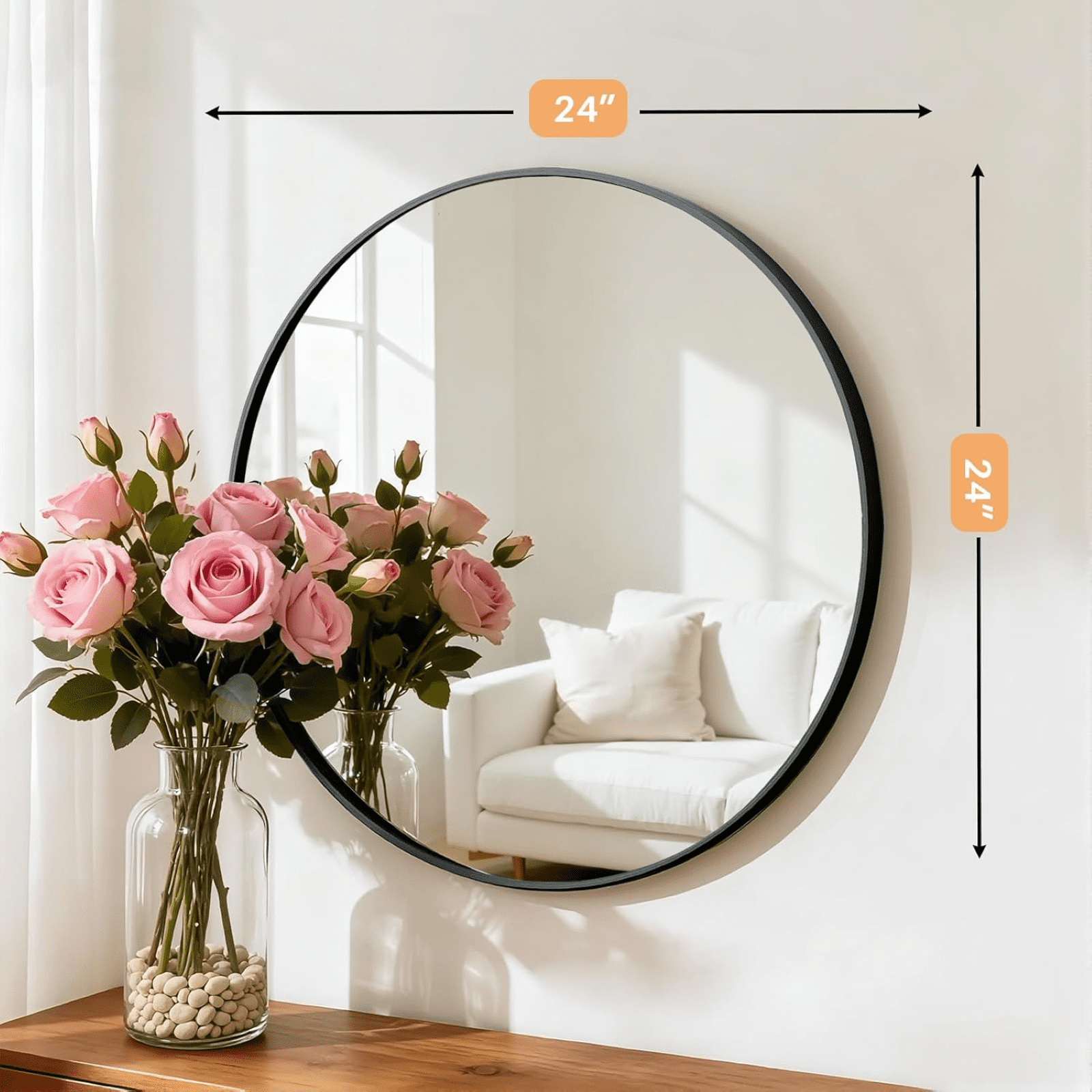 AUROMIR 24" Round Wall Mirror Bathroom Vanity Mirror Aluminum Alloy Frame,Black