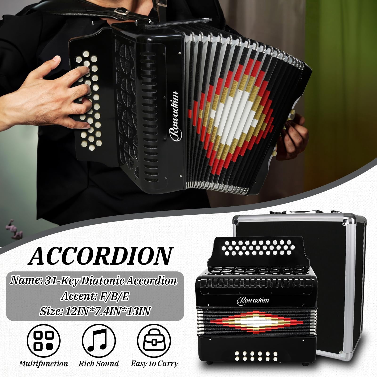 Rowadtim 31-Key Accordions, 12-Bass Diatonic Accordion, Ideal for Beginners; Tuned to F/B/E, Perfect for Musicians and Teachers; Comes with a Carrying Case, Shoulder Strap, Gloves（Black）