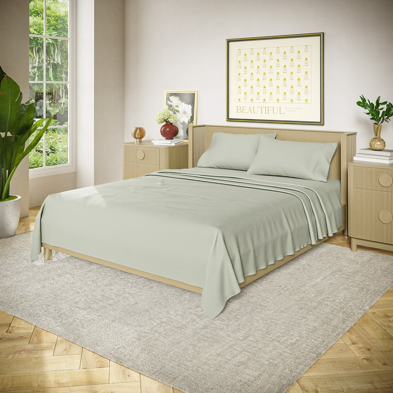 Eikei Washed Cotton Chambray Fitted Sheet Set - Pine Green, Twin Size, Relaxed Soft Feel, Wrinkle Resistant Bedding