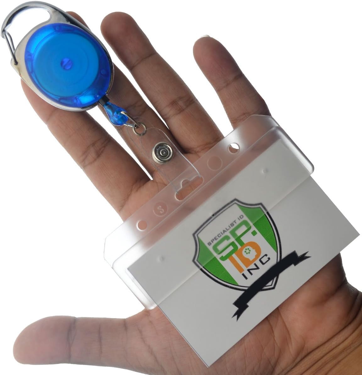 2 Pack - Premium Carabiner Badge Reels with Half Card Badge Holders - Leaves Mag Stripe Exposed for POS and Swipe Cards by Specialist ID (Blue)
