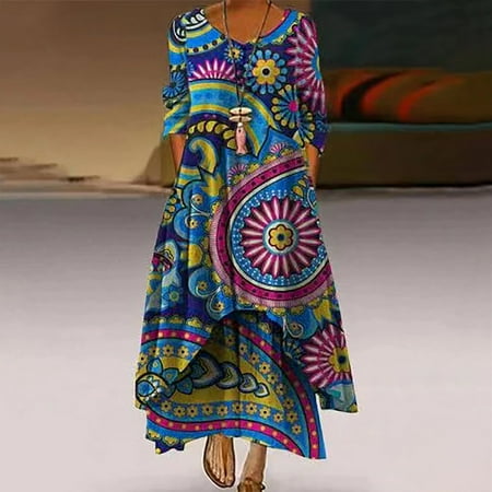 

jsaierl Summer Dresses for Women 2023 Print Boho Dress Short Sleeve A Line Dress Crew Neck Elegant Dress for Beach Vacation