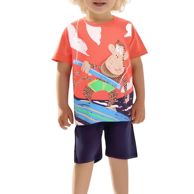 Odeerbi 2-8 Años Niños Verano Trajes Algodón Impreso Manga Corta Camiseta Pantalones Cortos Conjunto de Dos Piezas Cintura Elástica Suelta