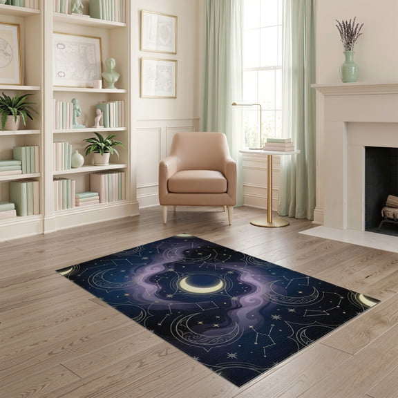 ODIKA 4'x6' Washable Area Rug Themed Dreamy Constellation Map Explorer Theme Starry Galaxy for Bedroom, Reading Nook, Pet Friendly & Non-Shedding