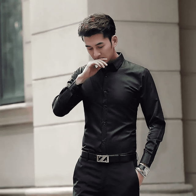 Camisa casual de manga larga para hombre, corte ajustado, vestimenta profesional de negocios, suaviza tu silueta, ropa de trabajo, ropa de carrera