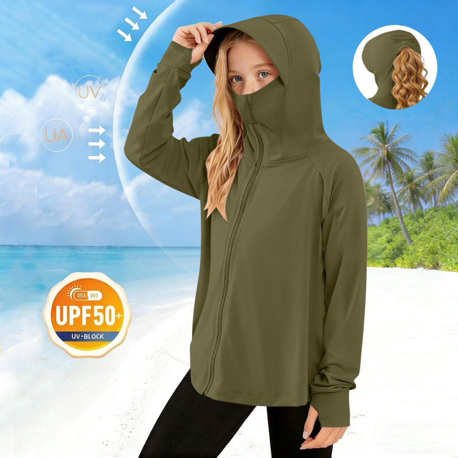 WQNVRNR Girls UPF 50+ Sun Protection Jacket Hooded- Cooling Shirt Long Sleeve Lightweight Athletic Sun Shirt for Hiking Outdoor Army Green Size 5