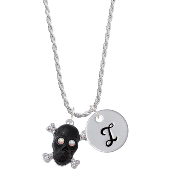 Delight Jewelry Silvertone Large Black Resin Skull with AB Crystals Silvertone Script Initial Disc - I - Charm Necklace, 20"+3"