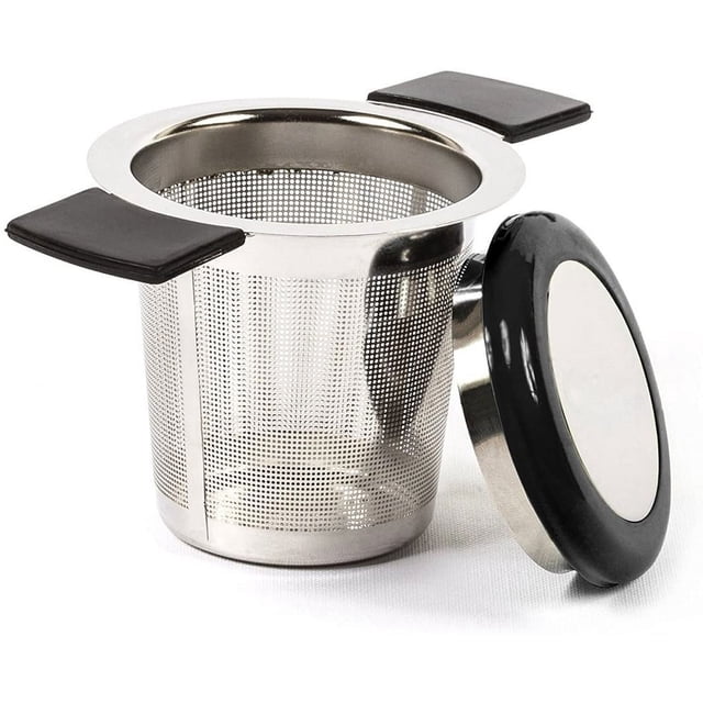 Filtro de té de acero inoxidable Infusor de té Colador de té con orificio fino Mango de silicona y tapa para taza Tetera o hierbas en la cocina (Negro)