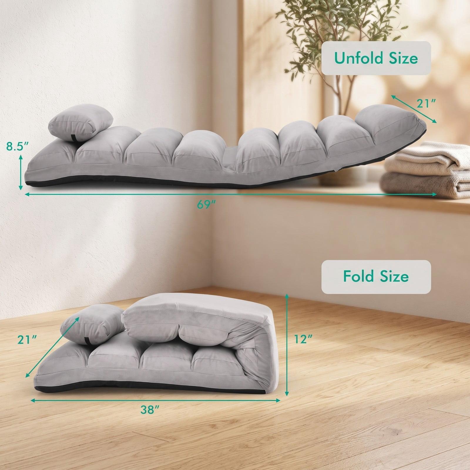 Furnibear Folding Lazy Sofa Floor Chair, 5-Position Adjustable Faux Suede Padded Recliner Lounger with Steel Frame and Free Pillow for Gaming Reading TV, Gray