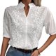 thumbnail image 1 of Top de manga corta con cuello en V para mujer, camisa elegante con bordado floral de encaje de color liso, blusa para ir de compras, blanco L, 1 of 5