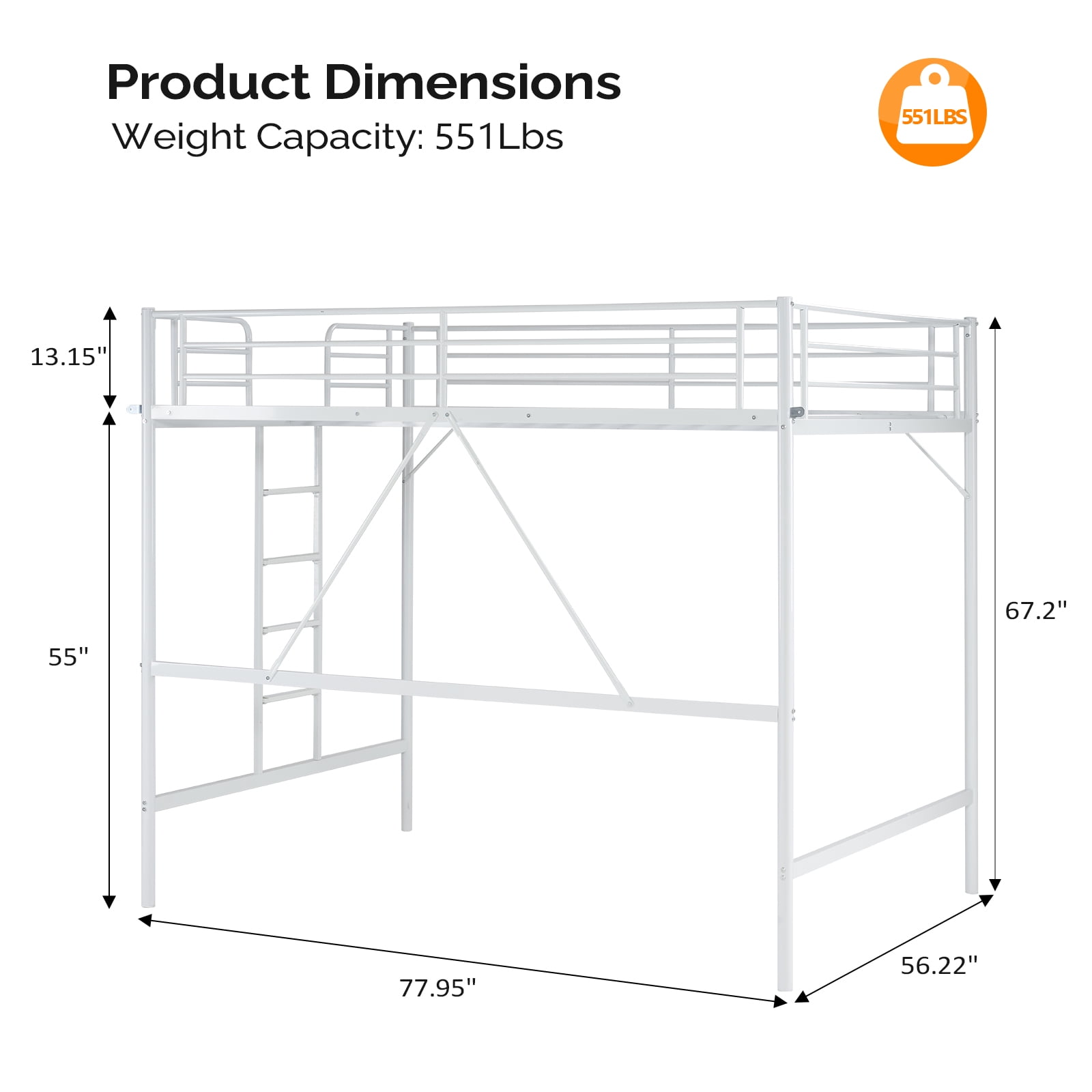 Ktaxon Loft Bed Full Size with Flat Rungs, No Box Spring Required,Heavy Duty Metal Slat Support,White