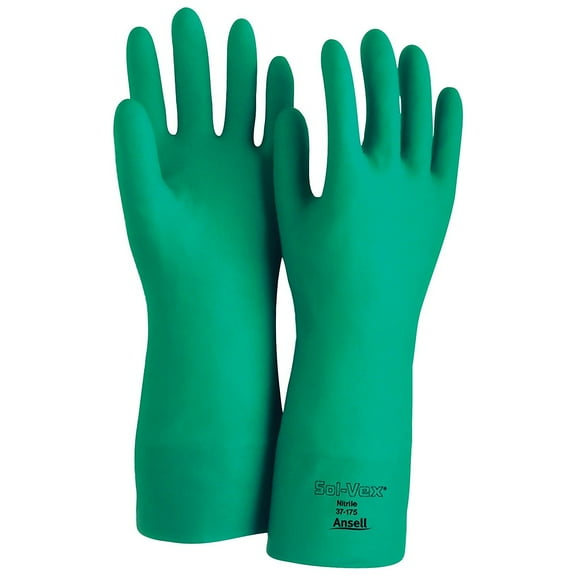 Ansell Sol-Vex Unsupported Nitrile Gloves Flock Lined Straight Cuff Size 8 Green 12 Pair/Box