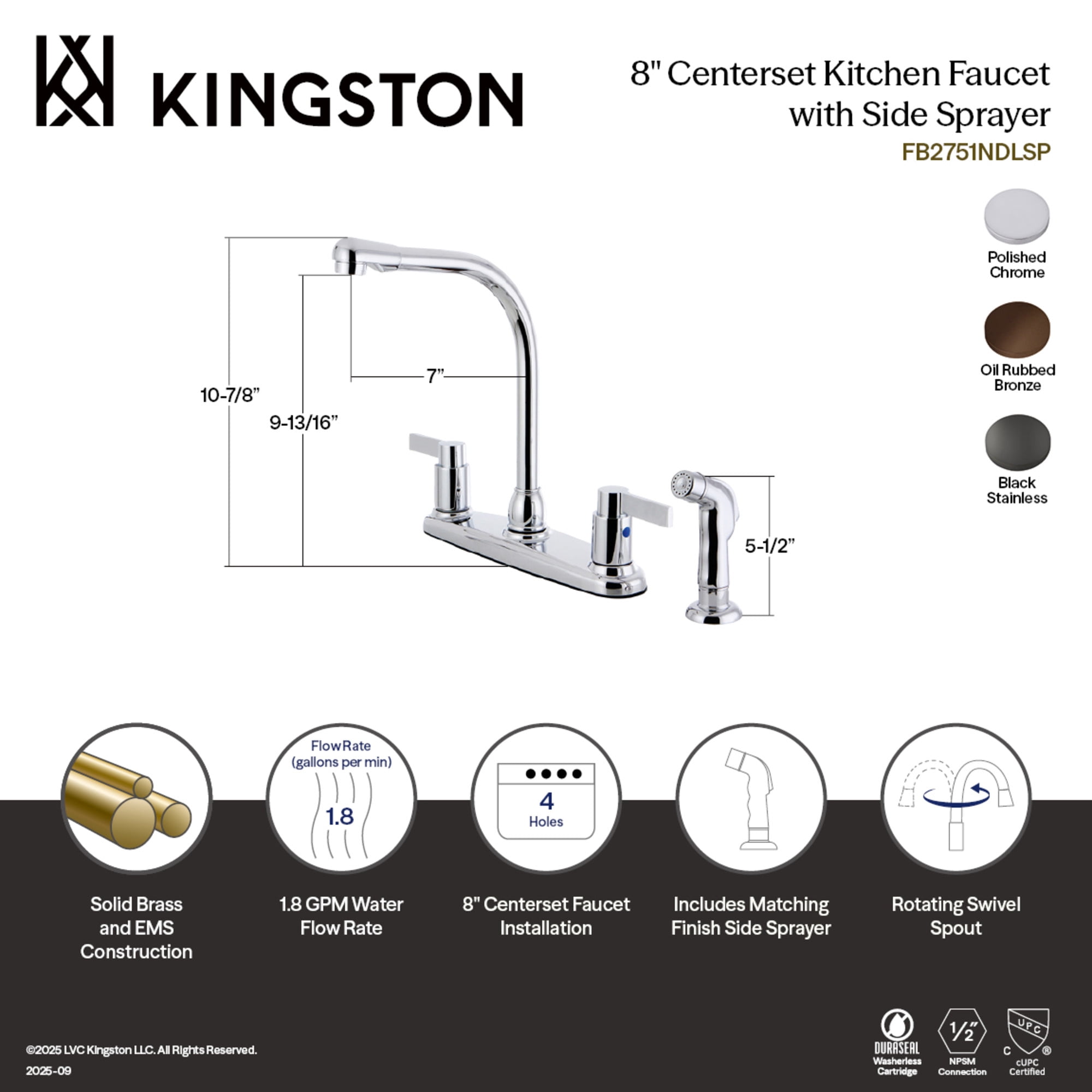Kingston FB2754NDLSP NuvoFusion Two-Handle 4-Hole 8" Centerset Kitchen Faucet with Side Sprayer in Black Stainless