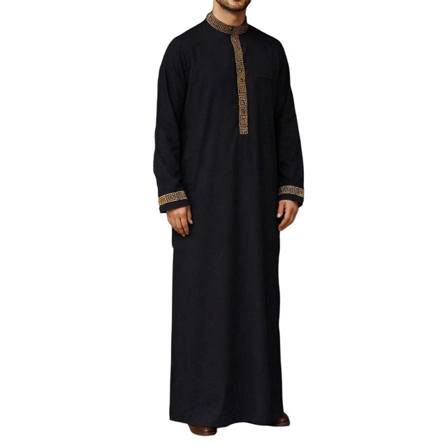 Elegant Embroidered Long Sleeve Thobe for Daily Wear with Loose Fit and Traditional Middle Collar Robe Featuring Exquisite Stitching