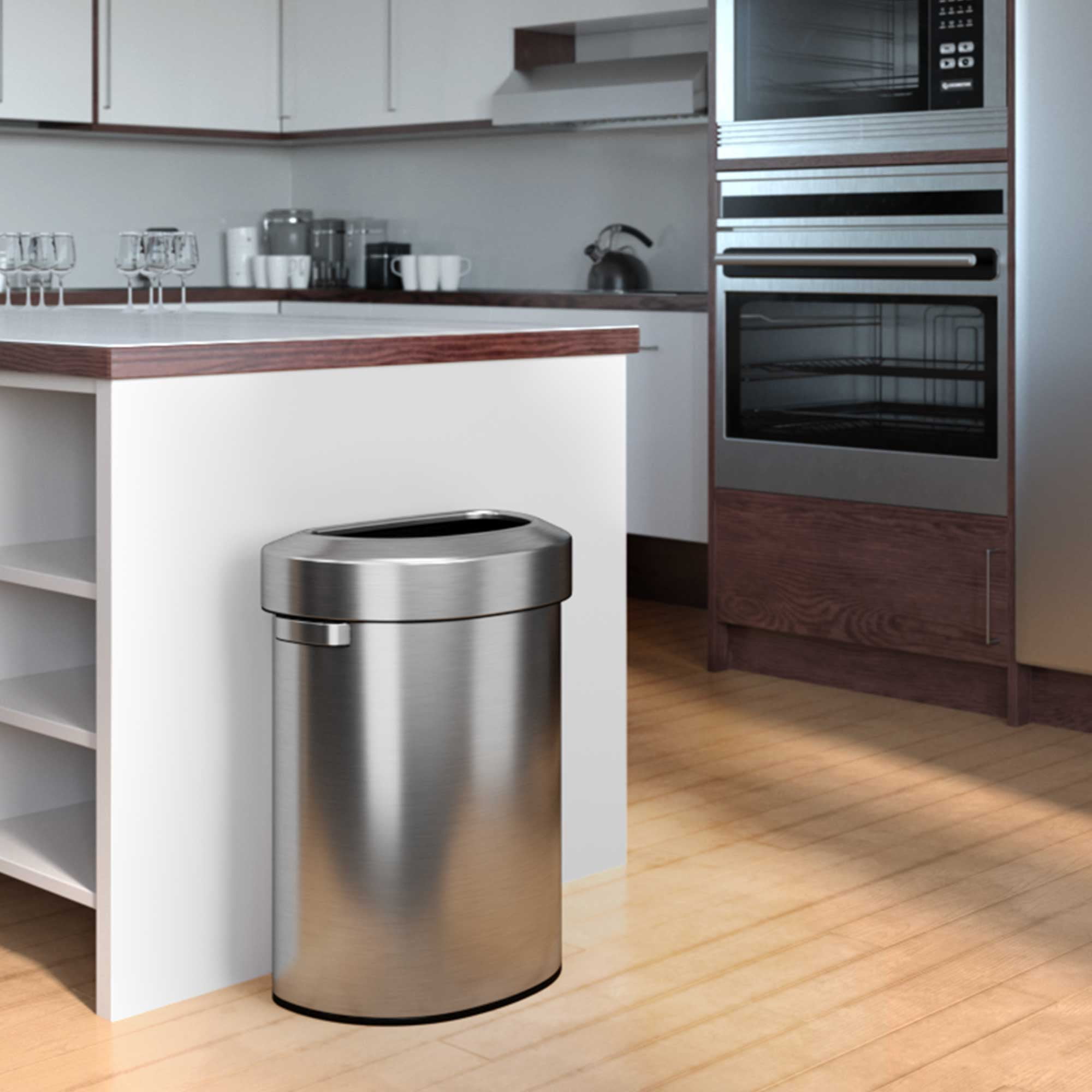 iTouchless 18 Gallon Semi-Round Stainless Steel Open Top Trash Can and Recycle Bin, 68 Liter, Slim and Space-Saving Design for Home, Office, Kitchen, Restaurant, Restroom, Large Capacity