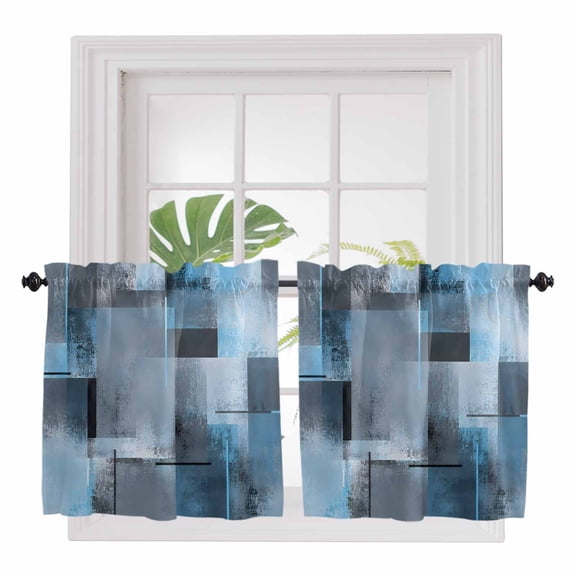 Blue Grey Abstract 2 Panel Kitchen Curtains for Small Windows, Modern Gradient Retro Mottled Oil Painting Bathroom Tier Curtain, Short Window Treatment for Bedroom/Living Room 55"x24"