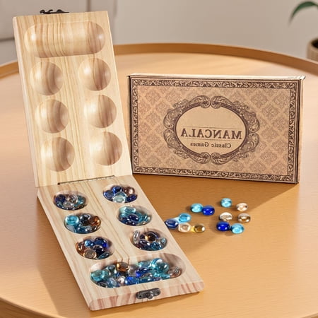 1 Set Wooden Mancala Board Game with Folding Board and Multicolor Glass Stones, Portable Strategy Game for and Adults