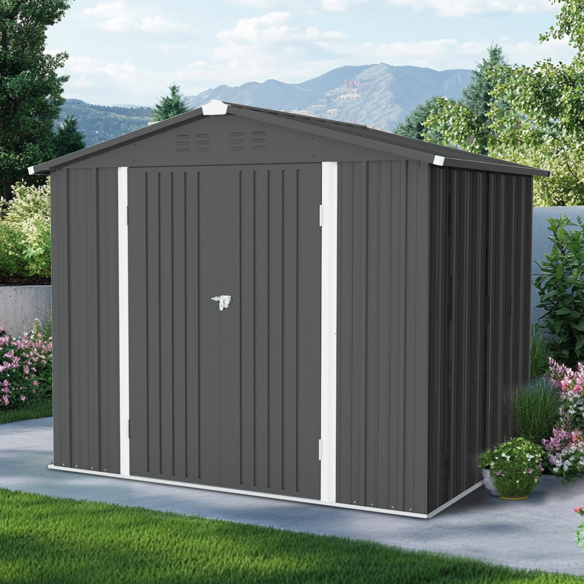 Seizeen 8x6ft Metal Storage Shed, All-Weather Outdoor Utility Shed with Air Vent, Lockable Doors, Sloped Top, Walk-in Garden Tool Shed for Bike Storage