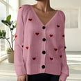 thumbnail image 2 of Lightweight Sweaters for Women Fall Winter Button V Neck Embroidered Heart Pattern Cardigan Knit Women's Blouses,Pink,M, 2 of 4