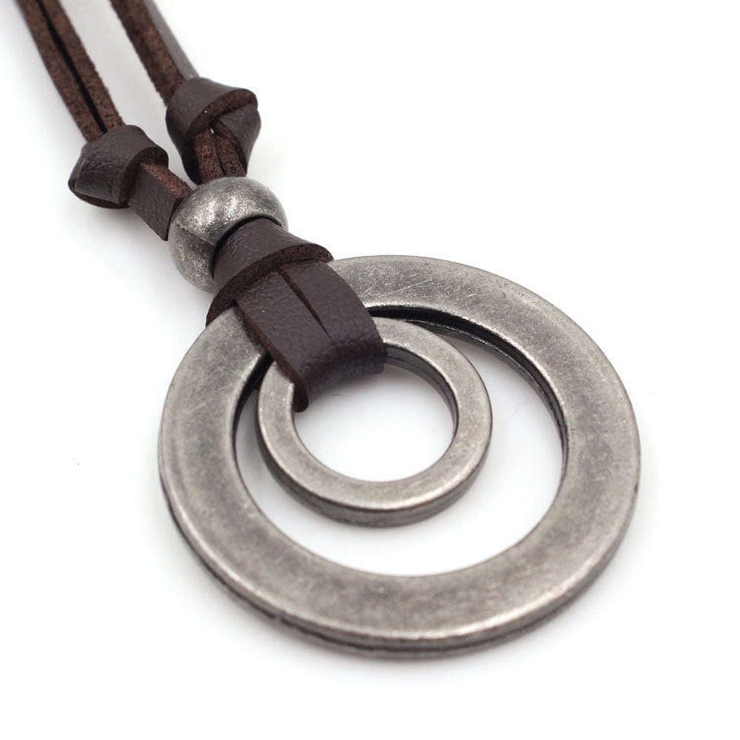 2pcs Leather Necklace for Men Double Circle Rings Leather Rope Pendant Necklace Punk Leather Chain Disc Ring Necklace Vintage Jewelry Gift