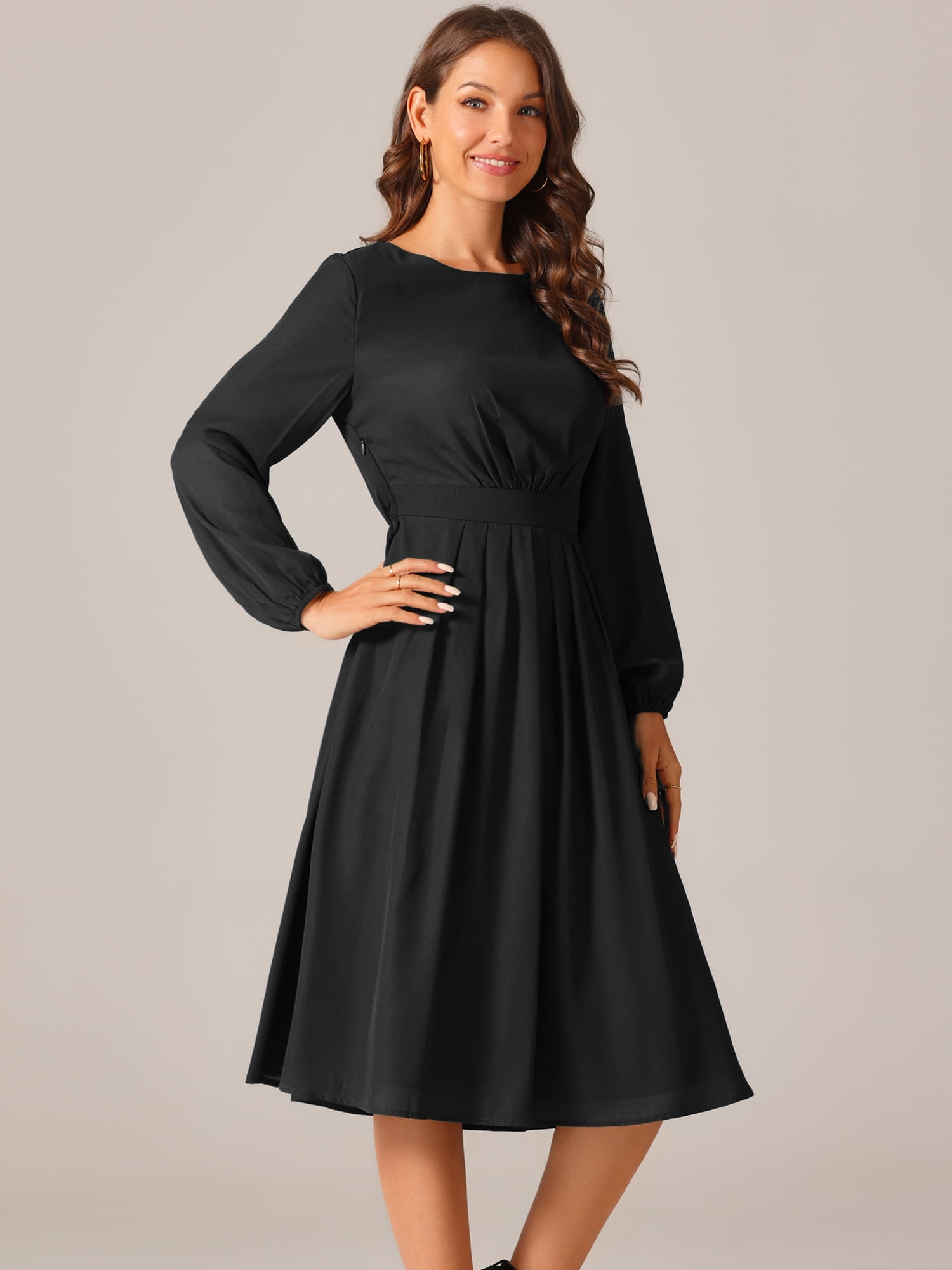 DARING DIVA High Waist Pleated Flowy Midi Long Sleeve Dress S Black