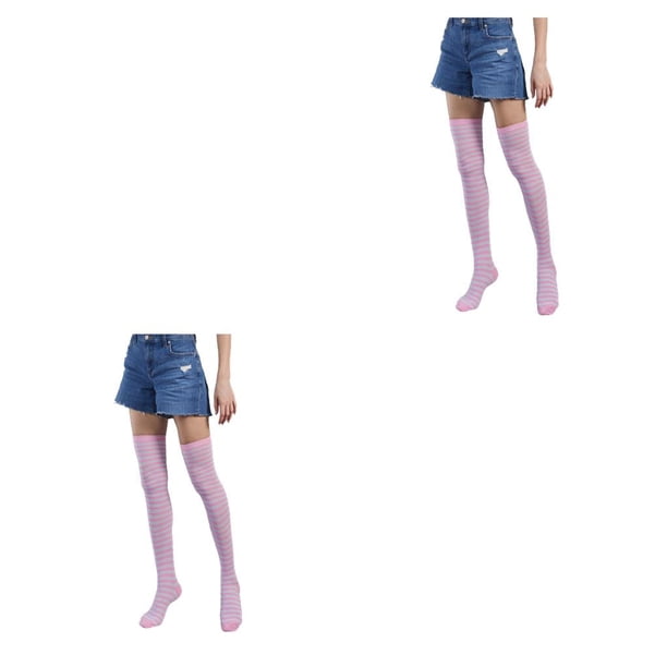 Qarigey Pack de 2 calcetines a rayas talla grande hasta el muslo transpirabilidad únicos cómodos cálidos fáciles de combinar sin medias rosa blanco rosa blanco 2piezas Qarigey CBP211217