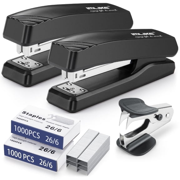 Desktop Office Stapler, Heavy Duty 2 Pack Stapler Set with 2000 Staples, 25 Sheet Capacity, Built-in Staple Remover, Non-Slip Base, 26/6 Standard, Black