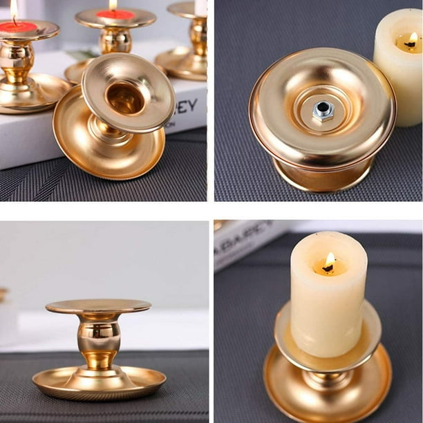 2 Piece Gold Brass Metal Chamberstick Candle Holder Fits Candles,  Candlesticks, Tealights and Pillar Candles - for Window and Mantle Display