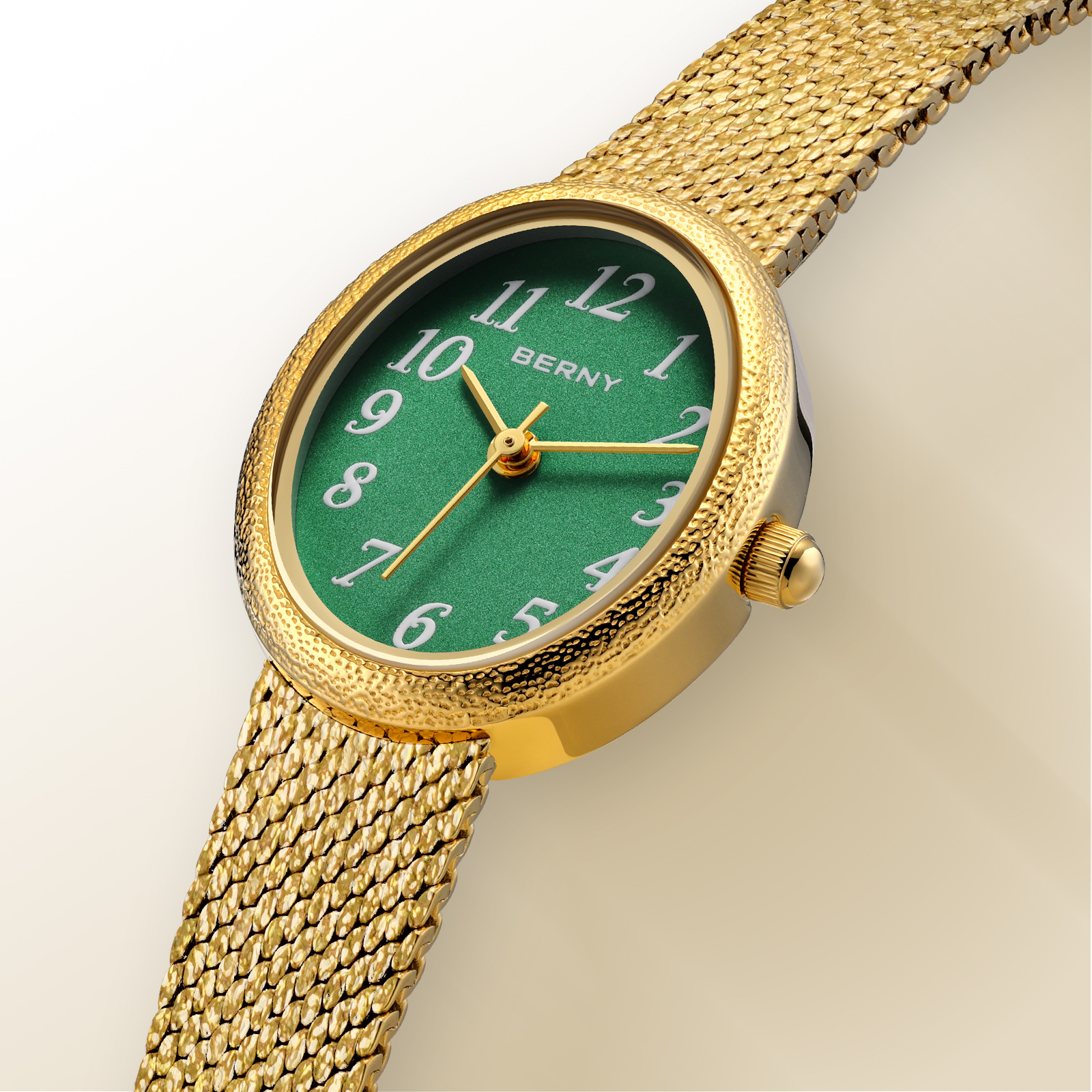 BERNY Small Gold Watches for Women, Dainty Easy to Read Oval Dial, Vintage Stainless Steel Bracelet Watch, Adjustable Mesh Band, Waterproof, Luxury Ladies Analog Quartz Wrist Watch Gifts (Green)
