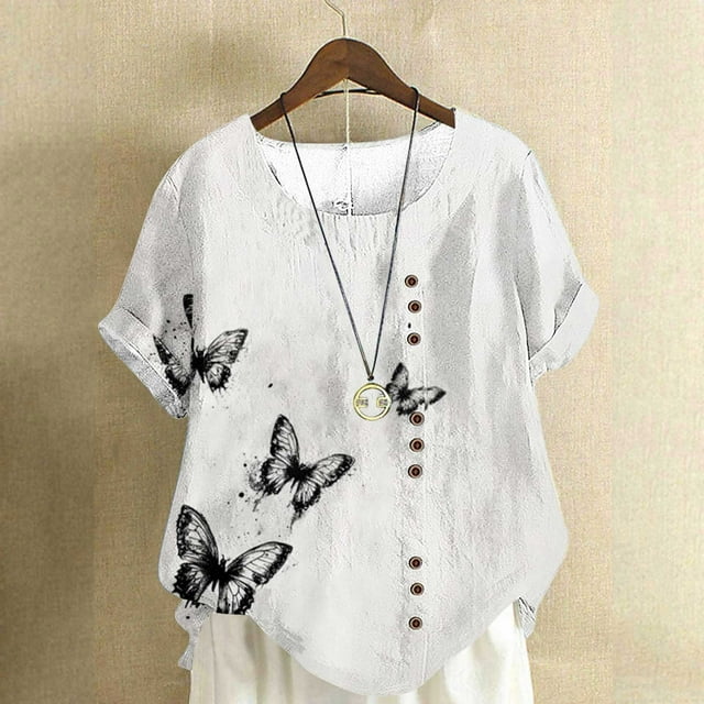 Weiqiqre Ensembles d'Été pour Femmes Col Ras du Cou Manches Courtes Tunique à Boutons T-shirt Blouse