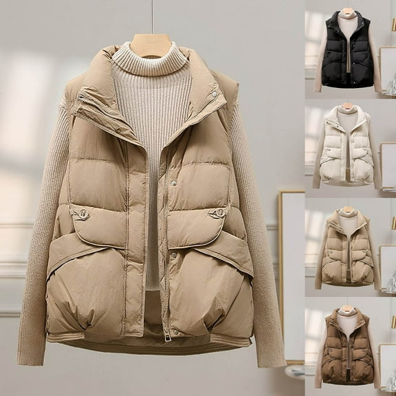 FRSASU Womens Cotton Vest Solid Color Casual Sleeveless Hoodless Winter Lapel Puffer Vest Outwear White