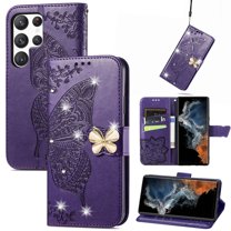 Feishell for Samsung Galaxy S22 Ultra Wallet Case for Women Girls,Bling Diamond Butterfly Embossed PU Leather Magnetic Clasp Flip Kickstand ID Credit Card Slots Phone Case with Wrist Strap,Purple