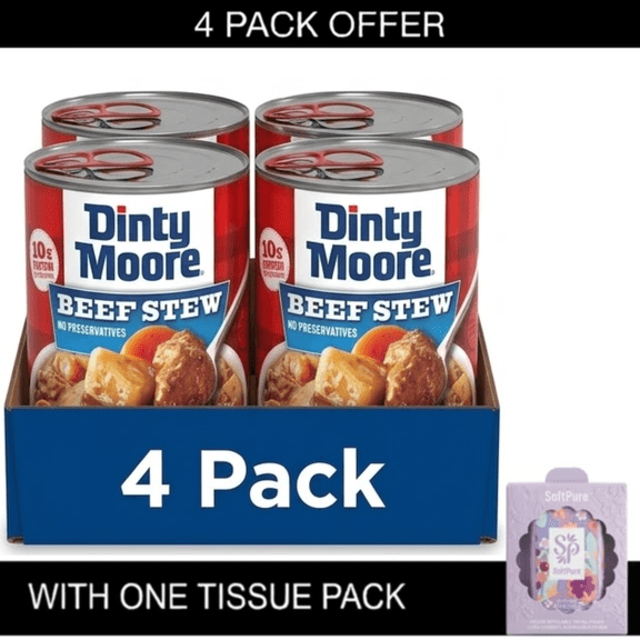 DINTY MOORE Beef Stew with Potatoes & Carrots, 15 oz. Cans (Pack of 4) | Ready-to-Eat | Includes One Tissue Pack