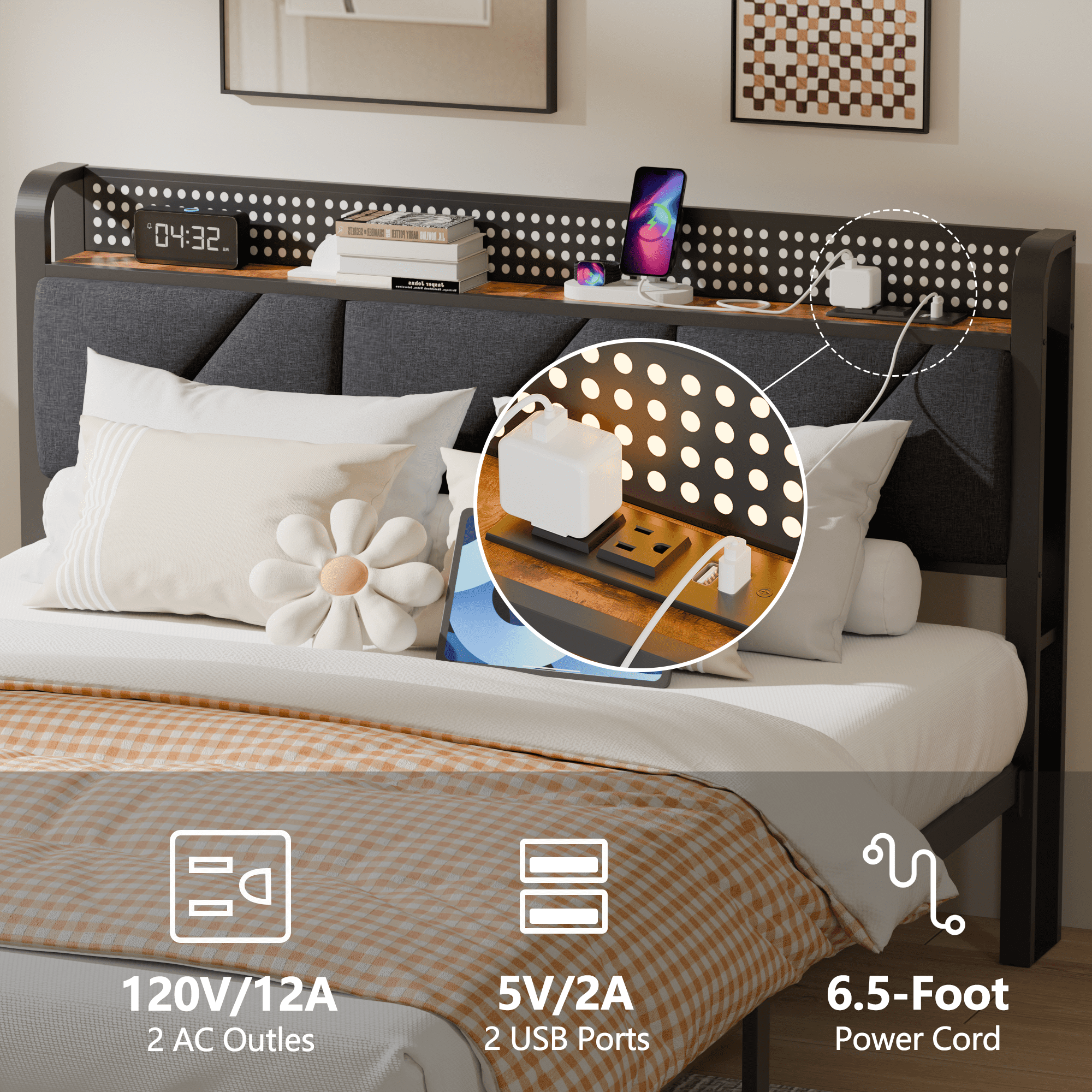 Tydimor Queen Size Metal Smart Bed Frames with Upholstered Headboard, LED Lights, USB Ports and Outlets, Storage Shelves & Underbed