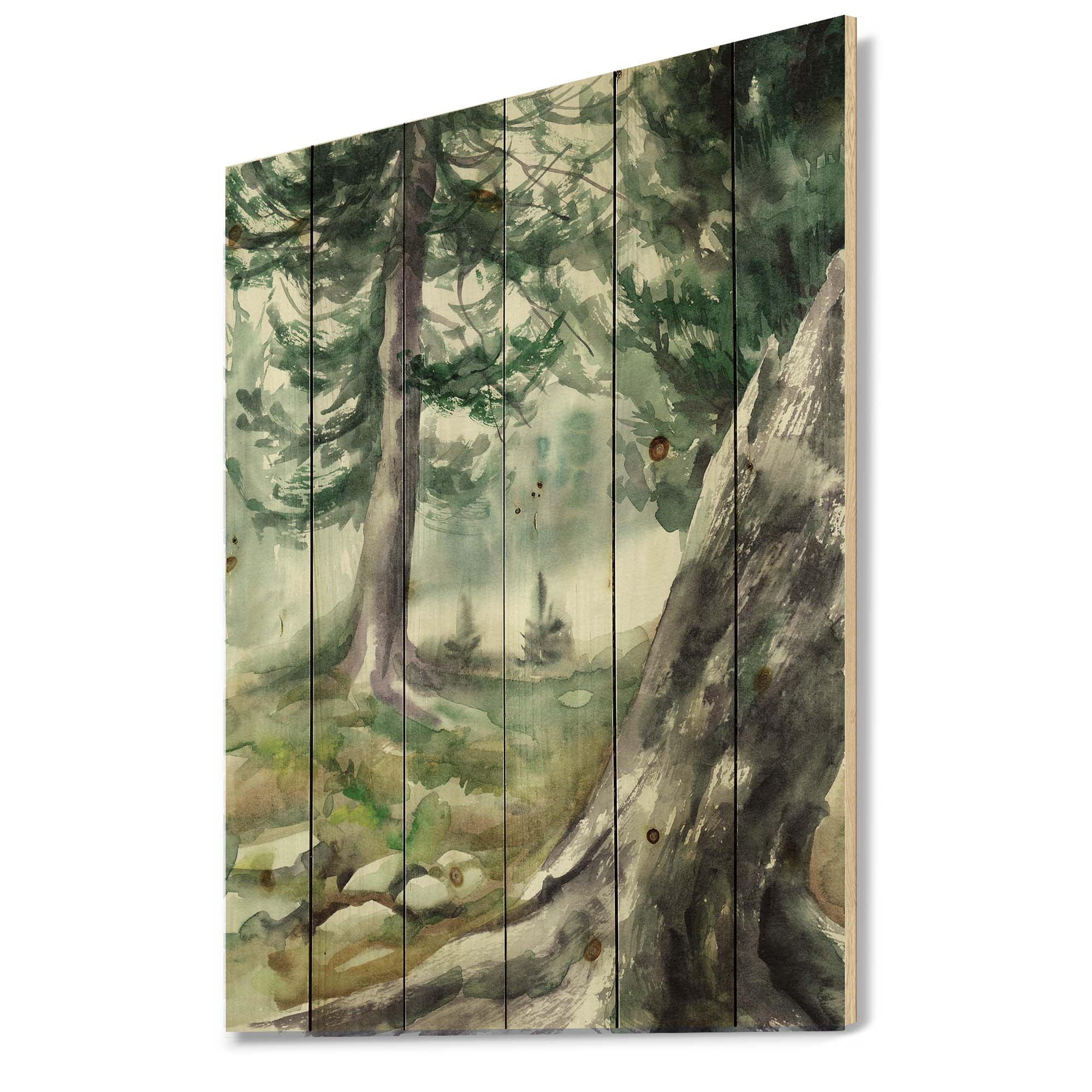 Designart 'Pine Forest In The Early Morning Glow' Lake House Print on Natural Pine Wood