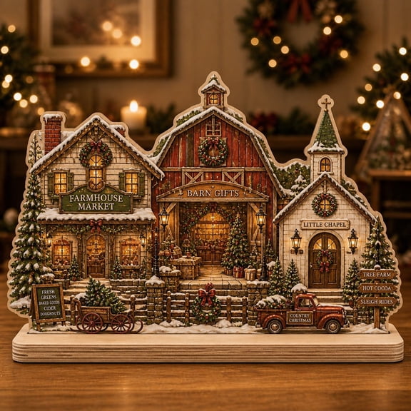 Christmas Wooden Block Countryside Christmas Village Wood Tabletop Display for Holiday Mantel Decor