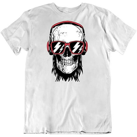 Image of Skull with Headphones and Sunglasses Novelty Humor Fashion Design Cotton T-Shirt White