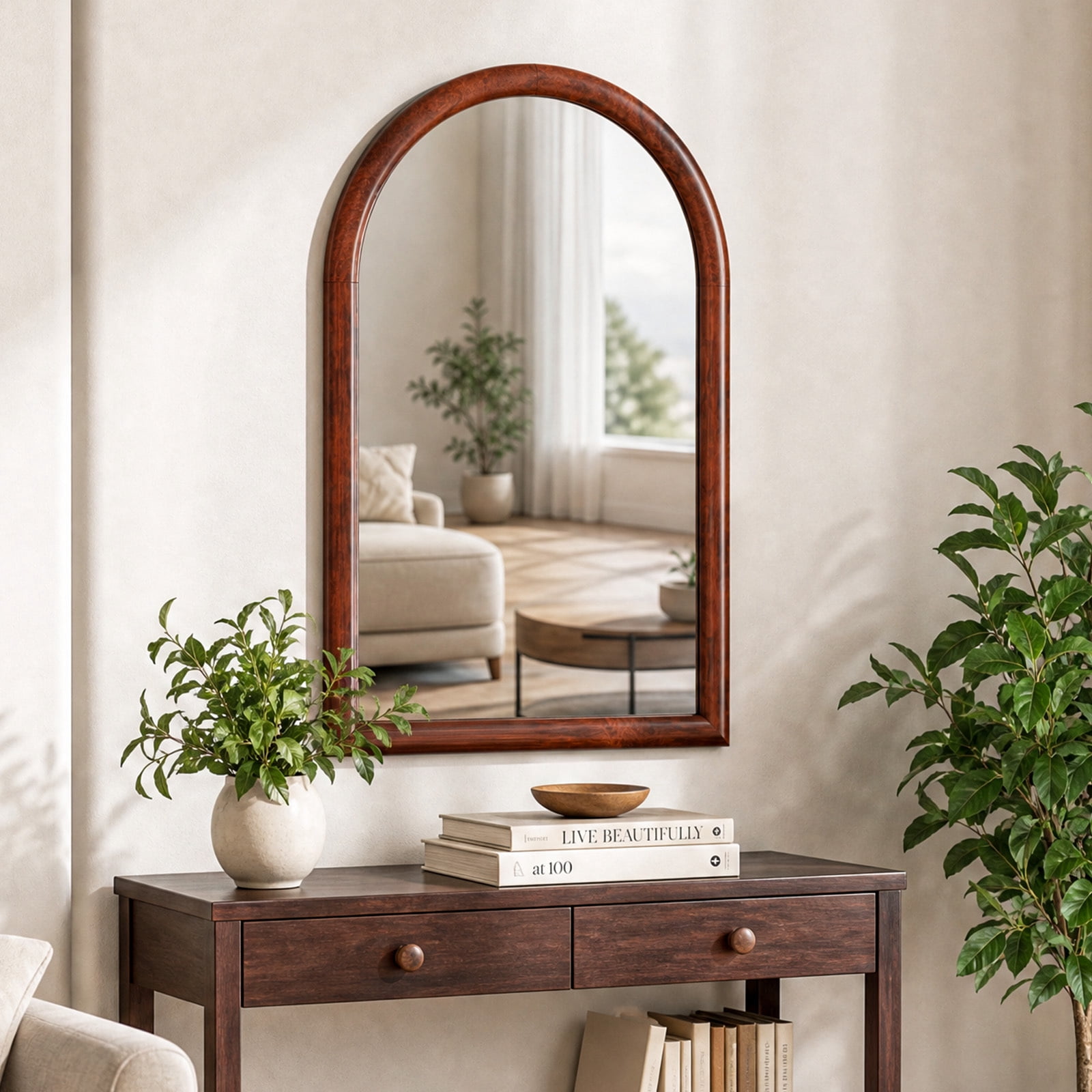 Easy4Home 36" x 24" Arched Bathroom Mirror Wall Decor with Wooden Frame, Walnut