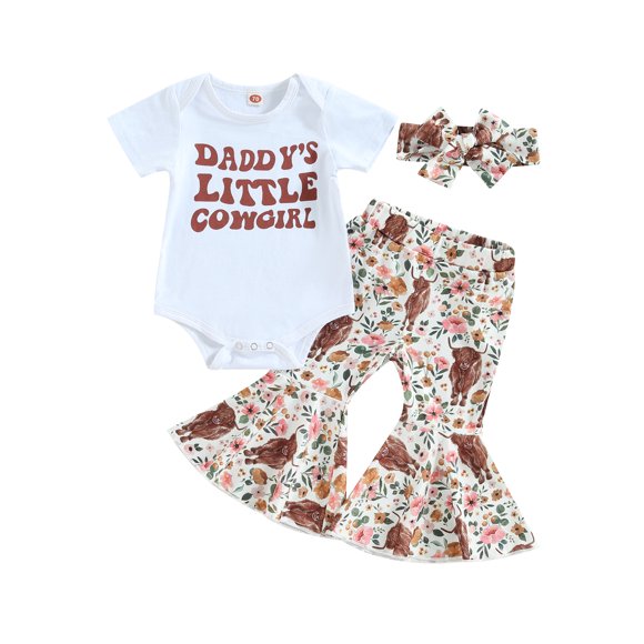 Western Vêtements pour Bébé Fille, Barboteuse à Manches Courtes, Pantalon Évasé à Imprimé Vache, Pattes d'Éléphant, Bandeau, Ensemble d'Été 3 Pcs