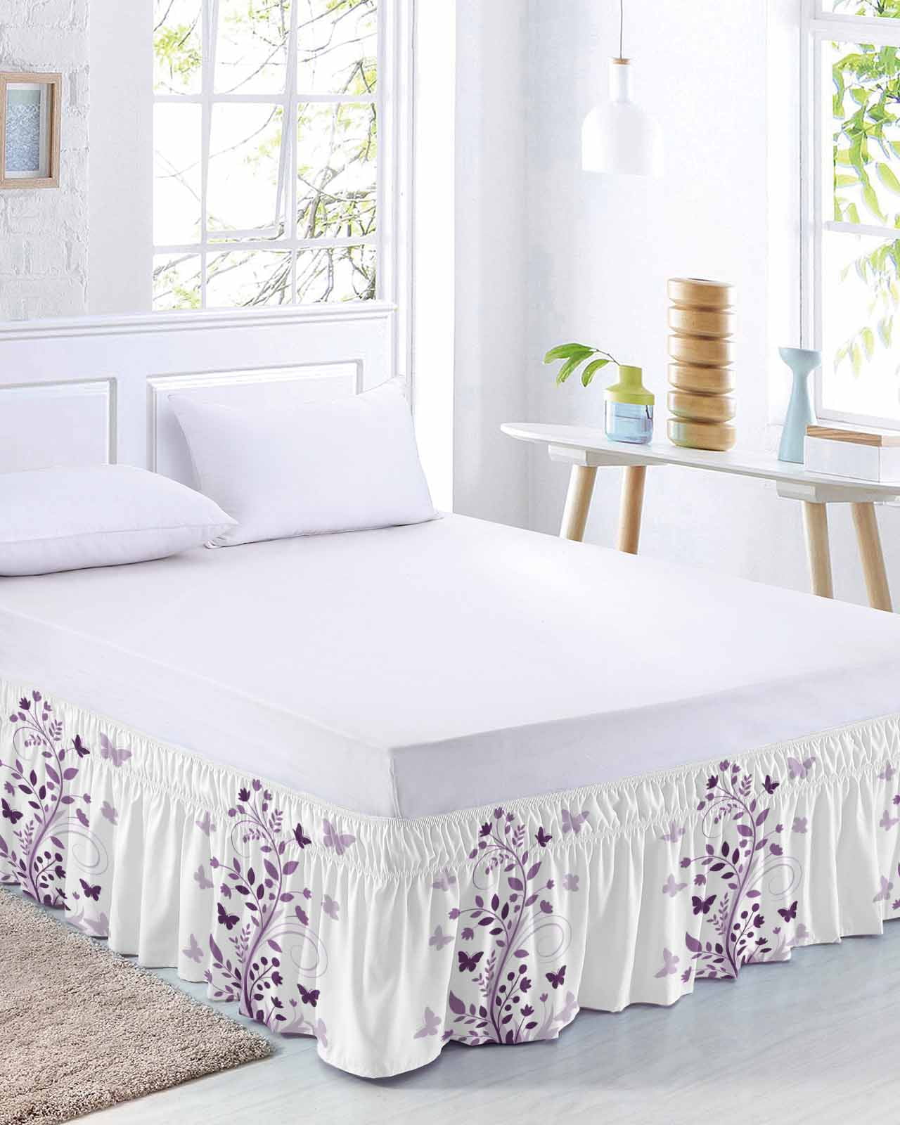Purple WildFlower Bed Skirt King Size 16 Inch Drop, Spring Country Purple Floral Plant Butterfly Adjustable Elastic Dust Ruffles Bedskirt for King Bed Wrap Around Pleated Mattress Frame Cover