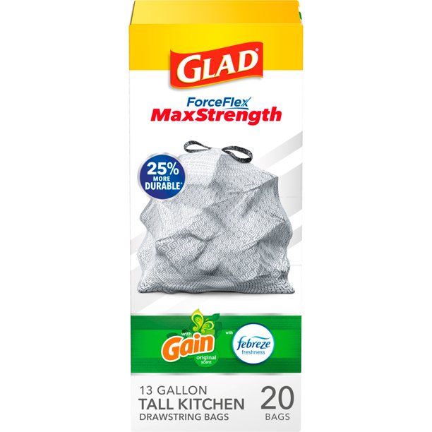 Glad ForceFlex MaxStrength Tall Kitchen Drawstring Trash Bags, 13