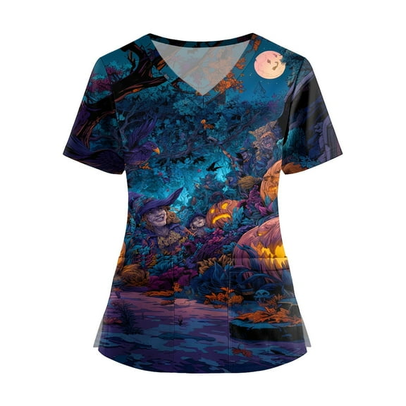 WTOBBY Women's Fashion V-Neck Short Sleeve Workwear with Pockets and Side Slits, Halloween Printed Tops Featuring Bat and Pumpkin Graphics for Caregiver Uniforms, Perfect for Nursing,Dark Blue L